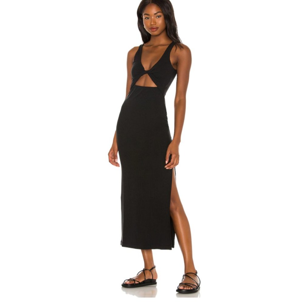 l*space Black Ribbed Midi Dress with Front Cutout